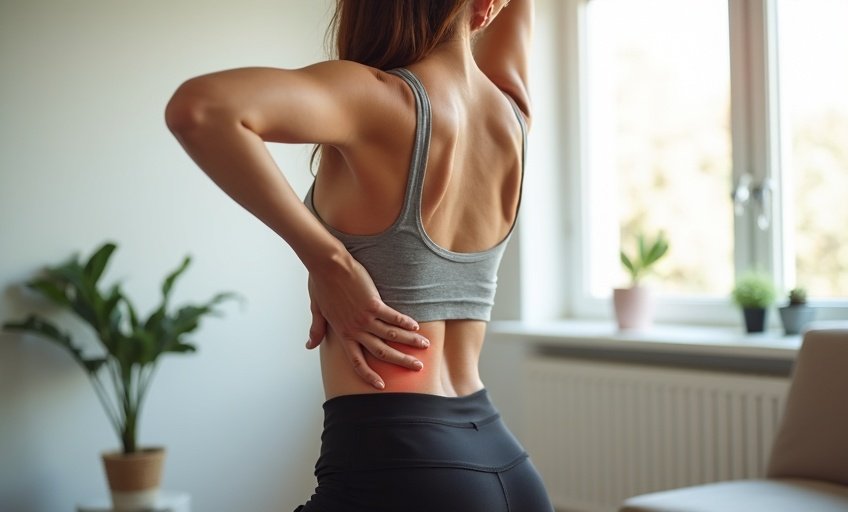Woman stretching her lower back at home