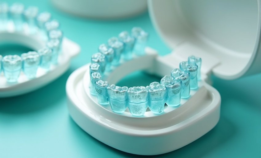 Clear dental aligner trays on a dentist's tray